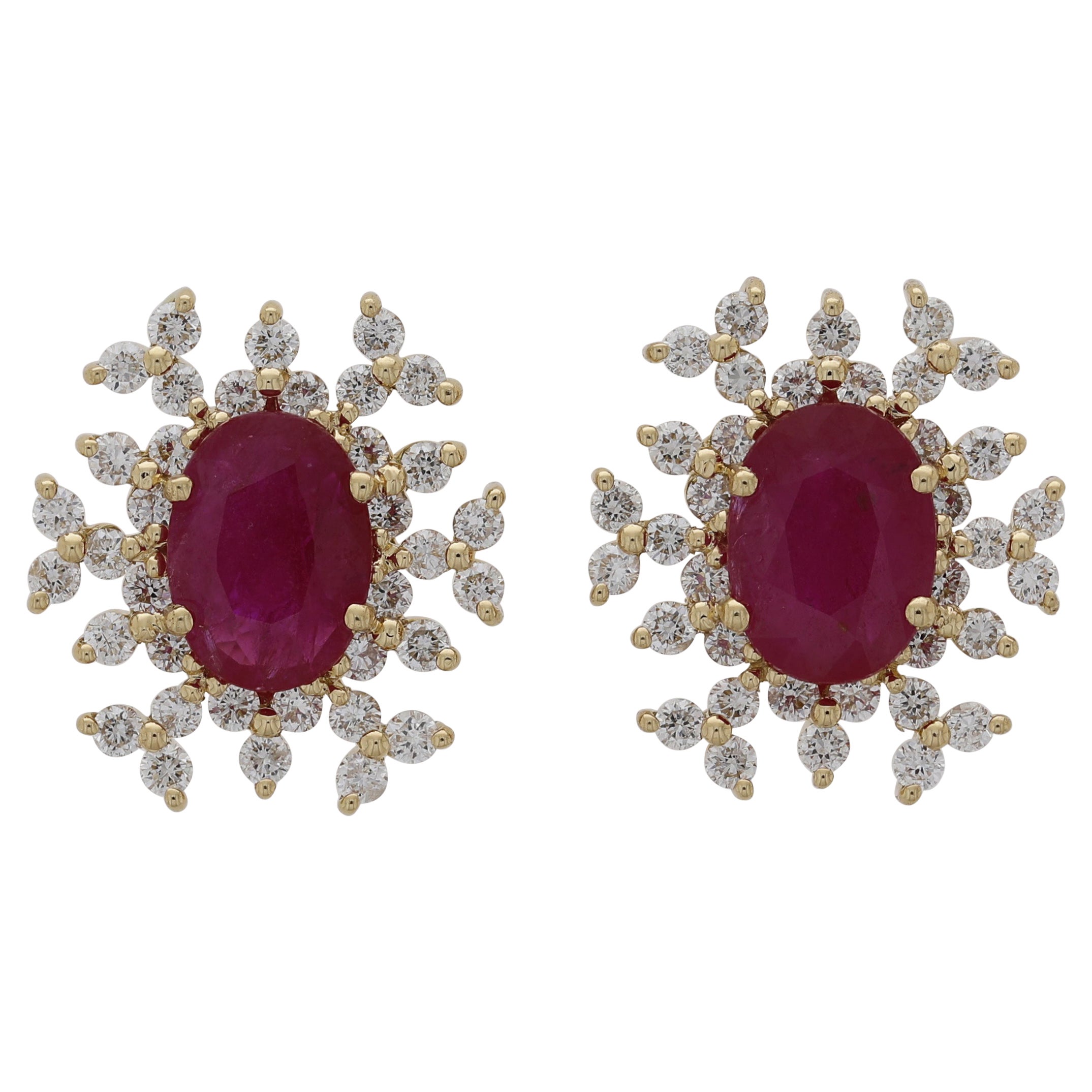 18 Karat Bestow Yellow Gold Earring with Vs Gh Diamonds and Red Ruby