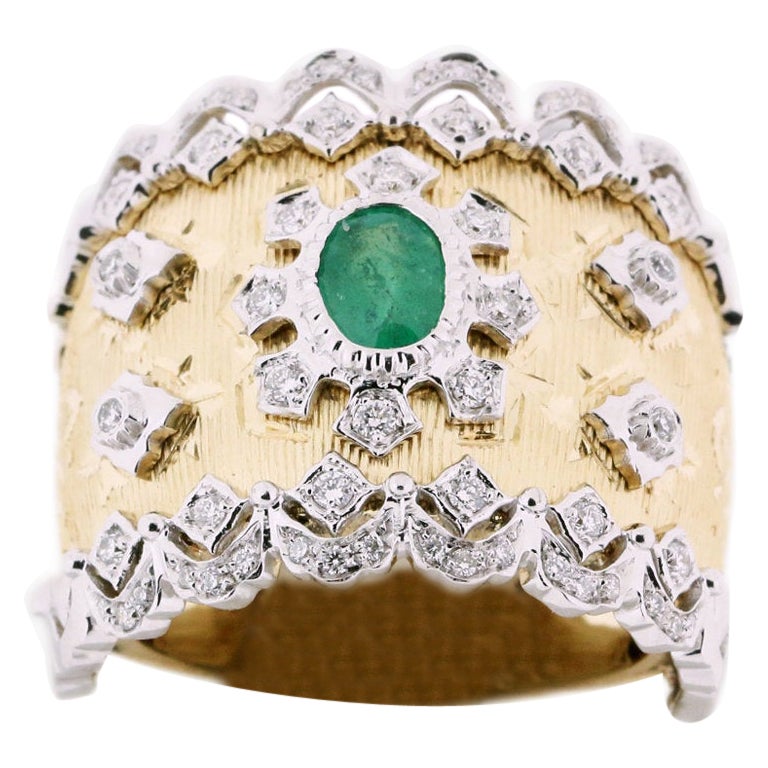 18K Yellow & White Gold Artisan Emerald Diamond Ring in Florentine Finish