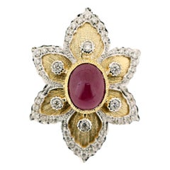 18K Yellow Gold Classic Natural Unheated Ruby Diamond Ring in Florentine Finish