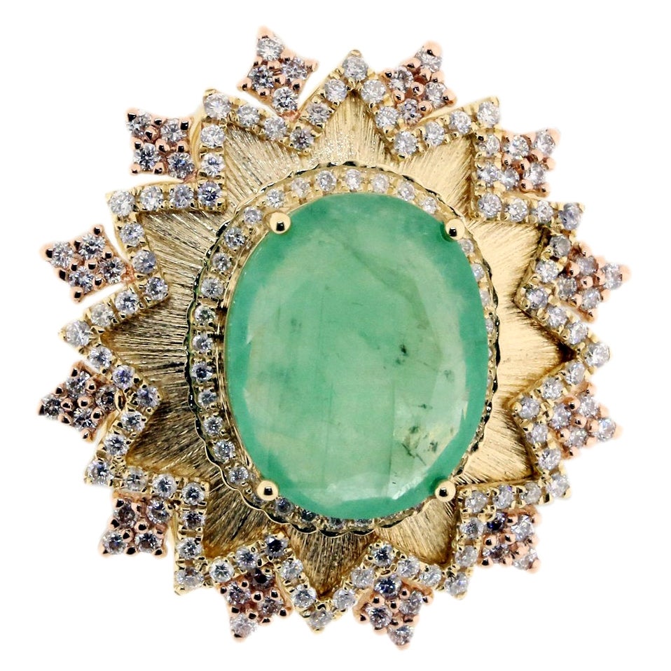 18K Yellow & Rose Gold Retro Style Emerald & Diamond Ring in Florentine Finish