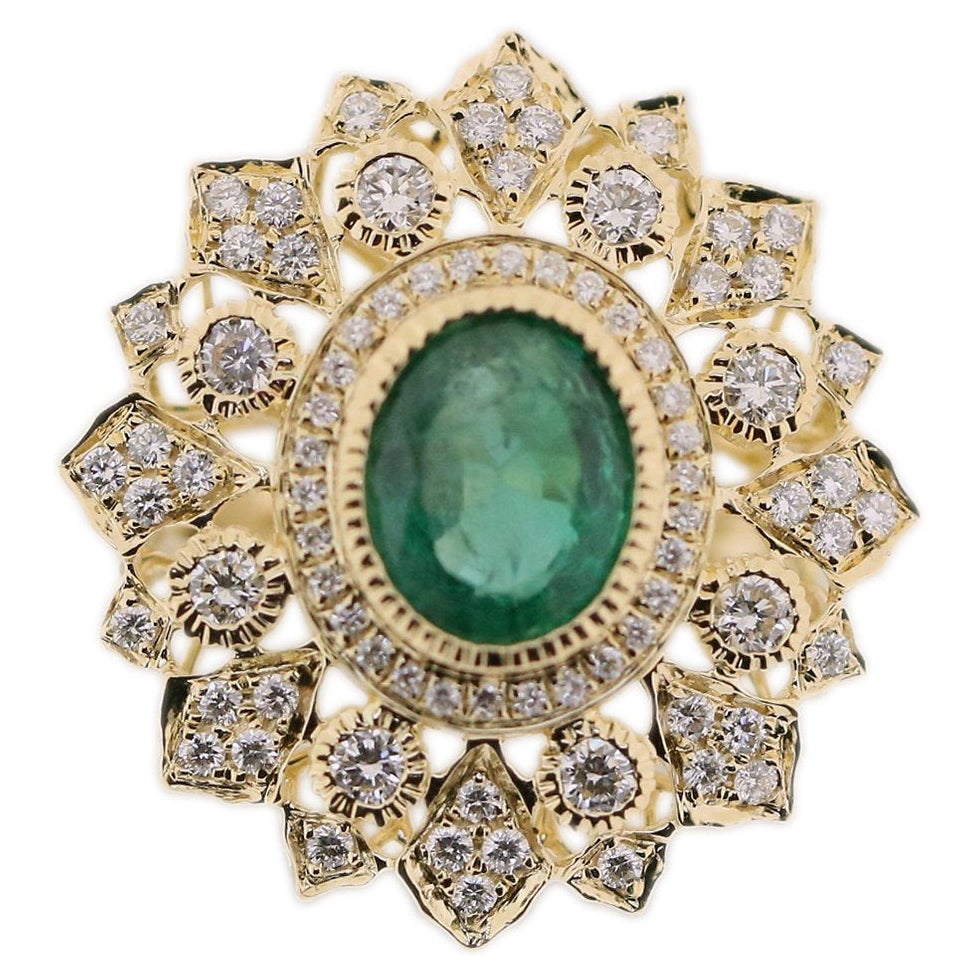 18K Yellow Gold Retro Style Oval Emerald & Diamond Ring in Florentine Finish