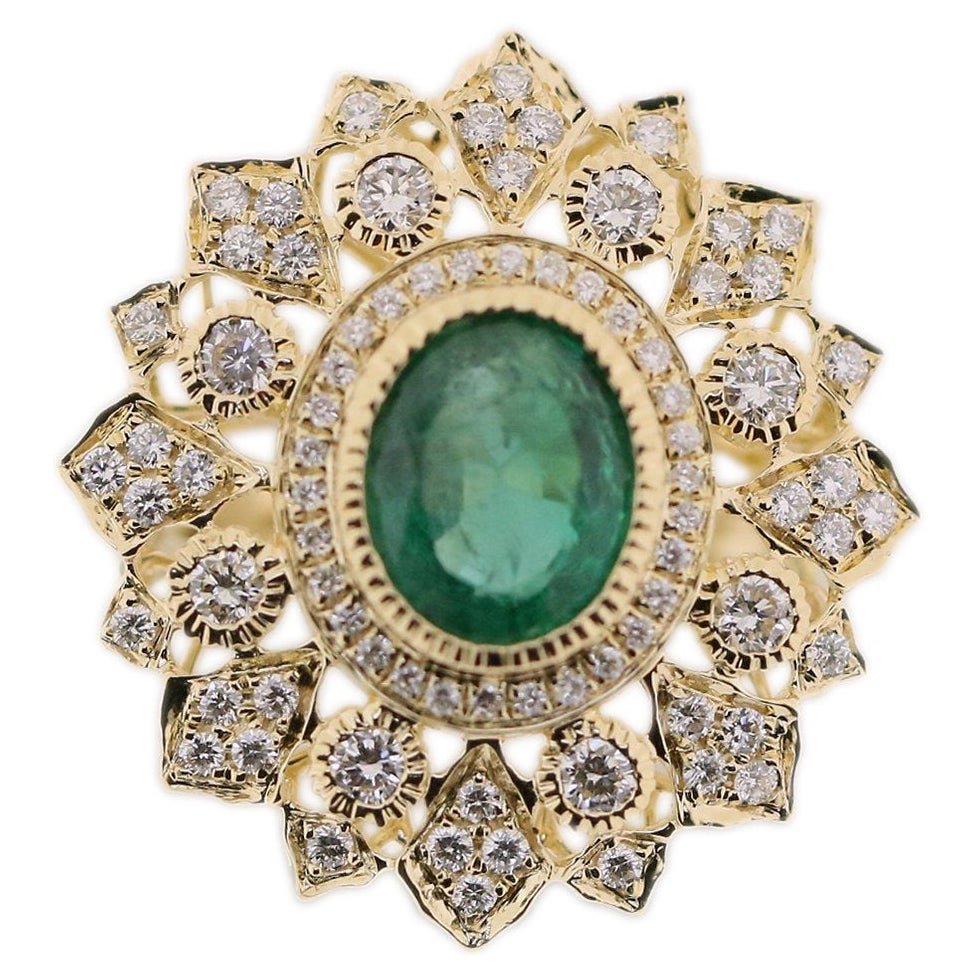 Emerald Diamond Hammered Yellow Gold Finish Ring at 1stDibs
