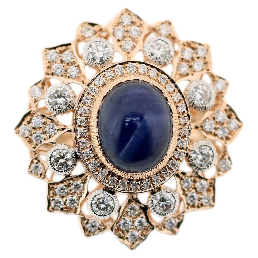 18K Rose Gold Retro Style Oval Sapphire & Diamond Ring in Florentine Finish