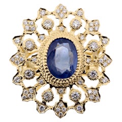 18K Gold Retro Style Oval Sapphire & Diamond Openwork Ring in Florentine Finish