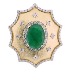 18K Yellow Gold Retro Style Oval Emerald & Diamond Ring in Florentine Finish