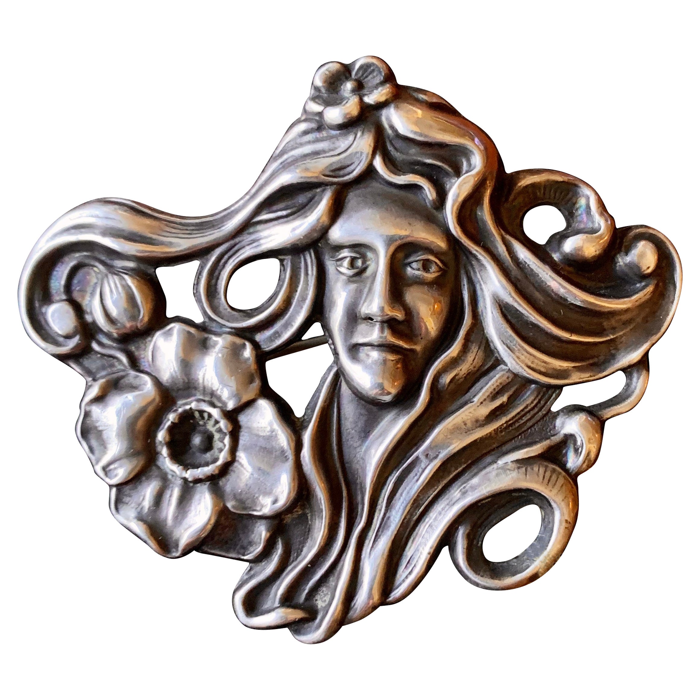 Art Nouveau Maiden Woman Flower Brooch Sterling Silver Flowing Hair