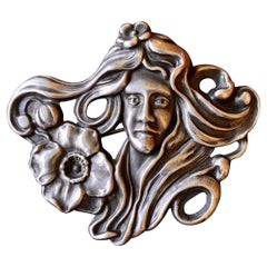 Antique Art Nouveau Maiden Woman Flower Brooch Sterling Silver Flowing Hair