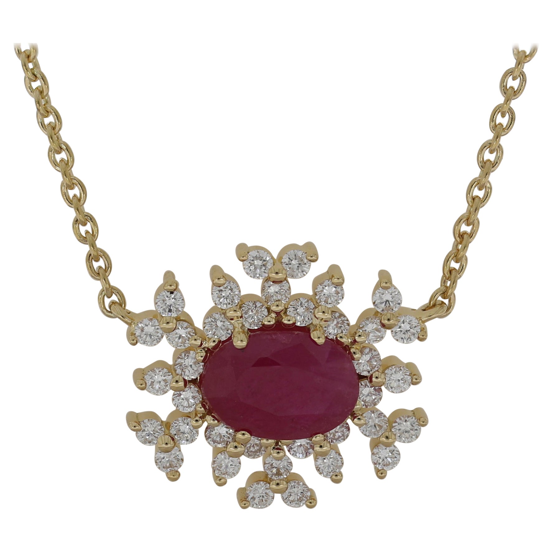 18 Karat Bestow Yellow Gold Necklace with Vs Gh Diamonds and Red Ruby For Sale