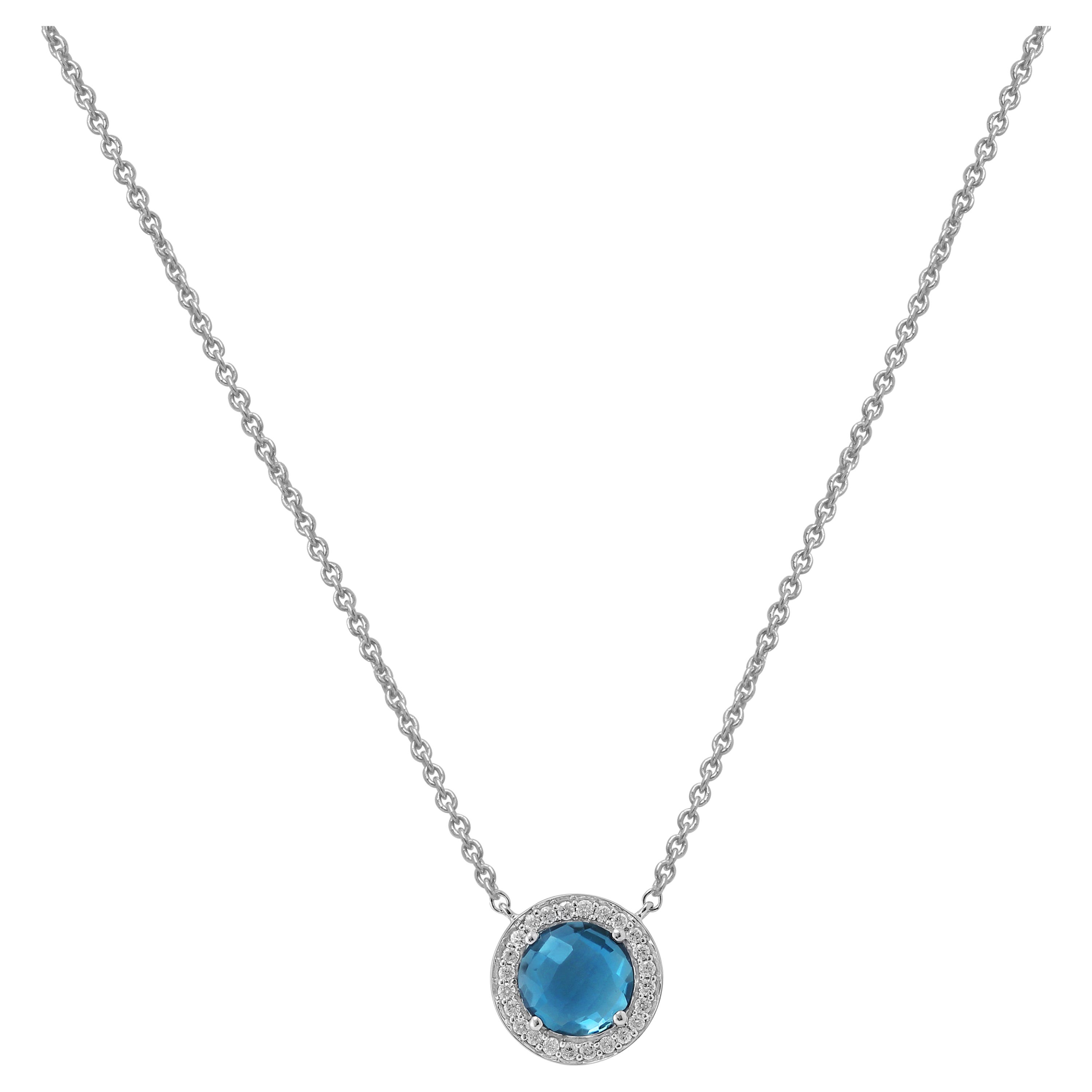18 Karat Bestow White Gold Necklace with Vs Gh Diamonds and Blue Topaz For Sale