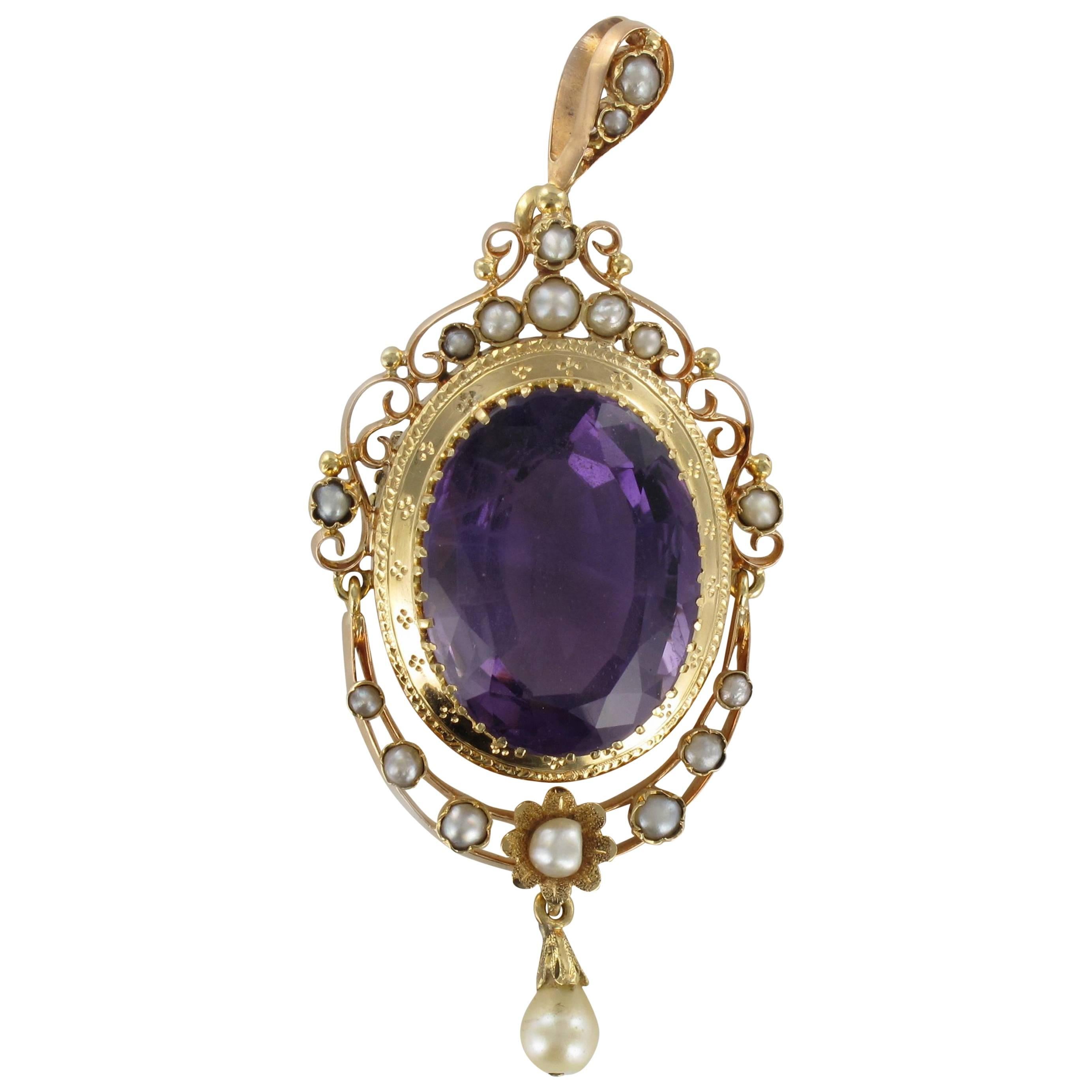 1850s Napoleon III Antique Fine Pearl Amethyst Gold Pendant Brooch