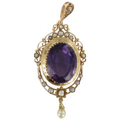 1850s Napoléon III Antique Fine Pearl Amethyst Gold Pendant Brooch