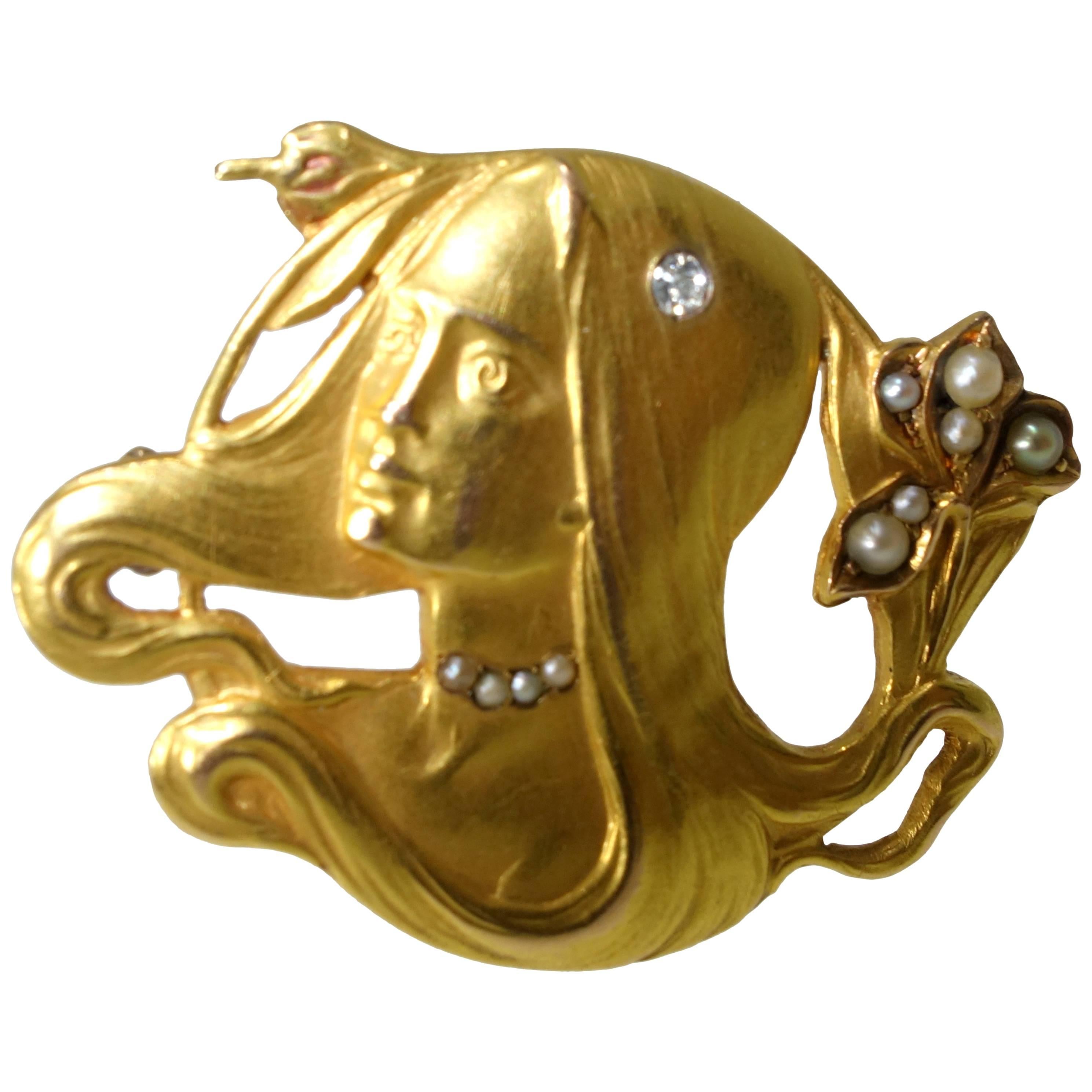 Art Nouveau Seed Pearl Diamond Gold Brooch