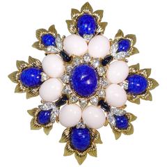 Faux lapis, coral and diamond gold plated brooch