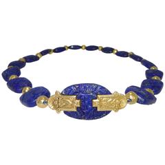 1920s French Art Deco Carved Lapis Gold Necklace