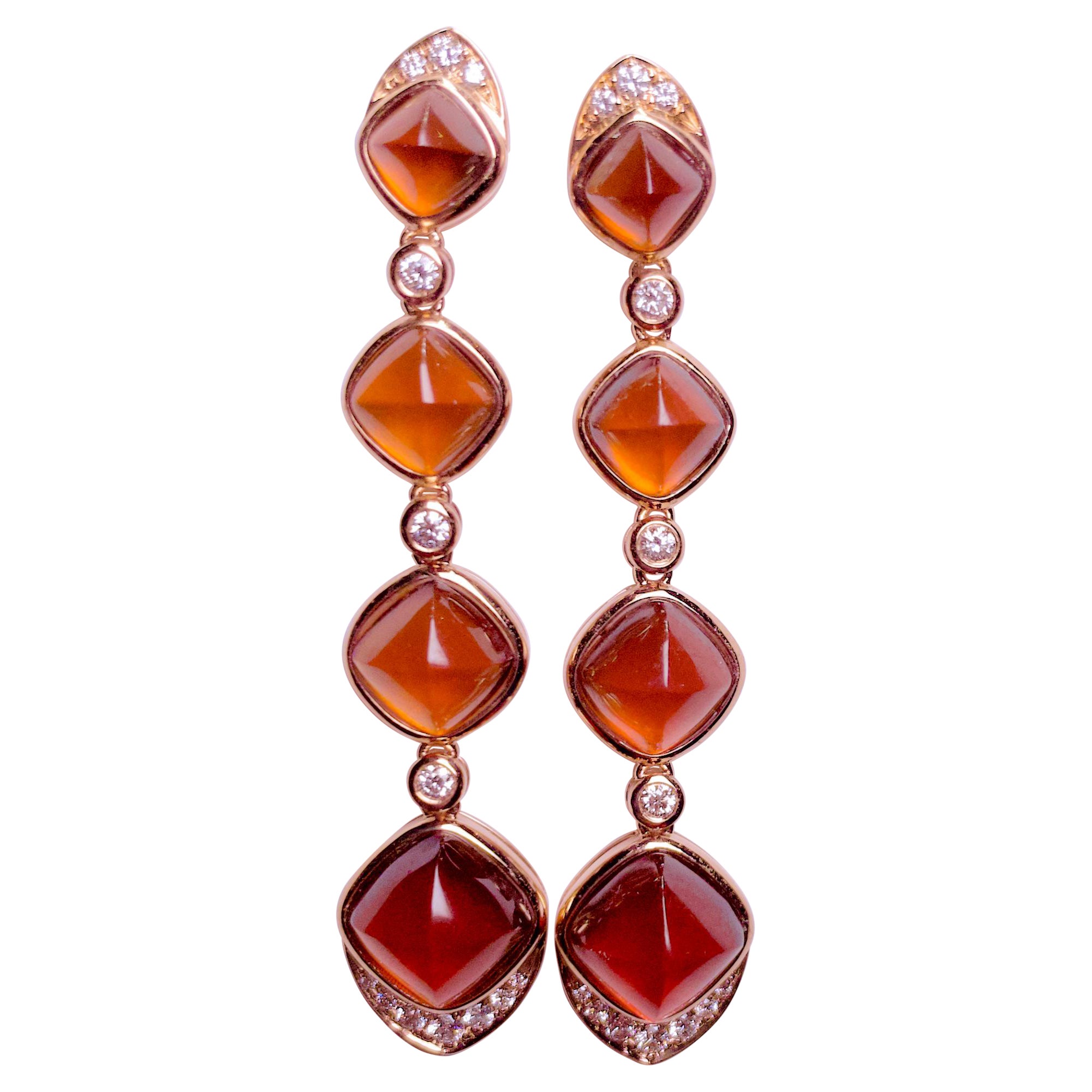 Boucles d'oreilles en or rose 18 carats avec grenat spessartite fantaisie cabochon et diamants  