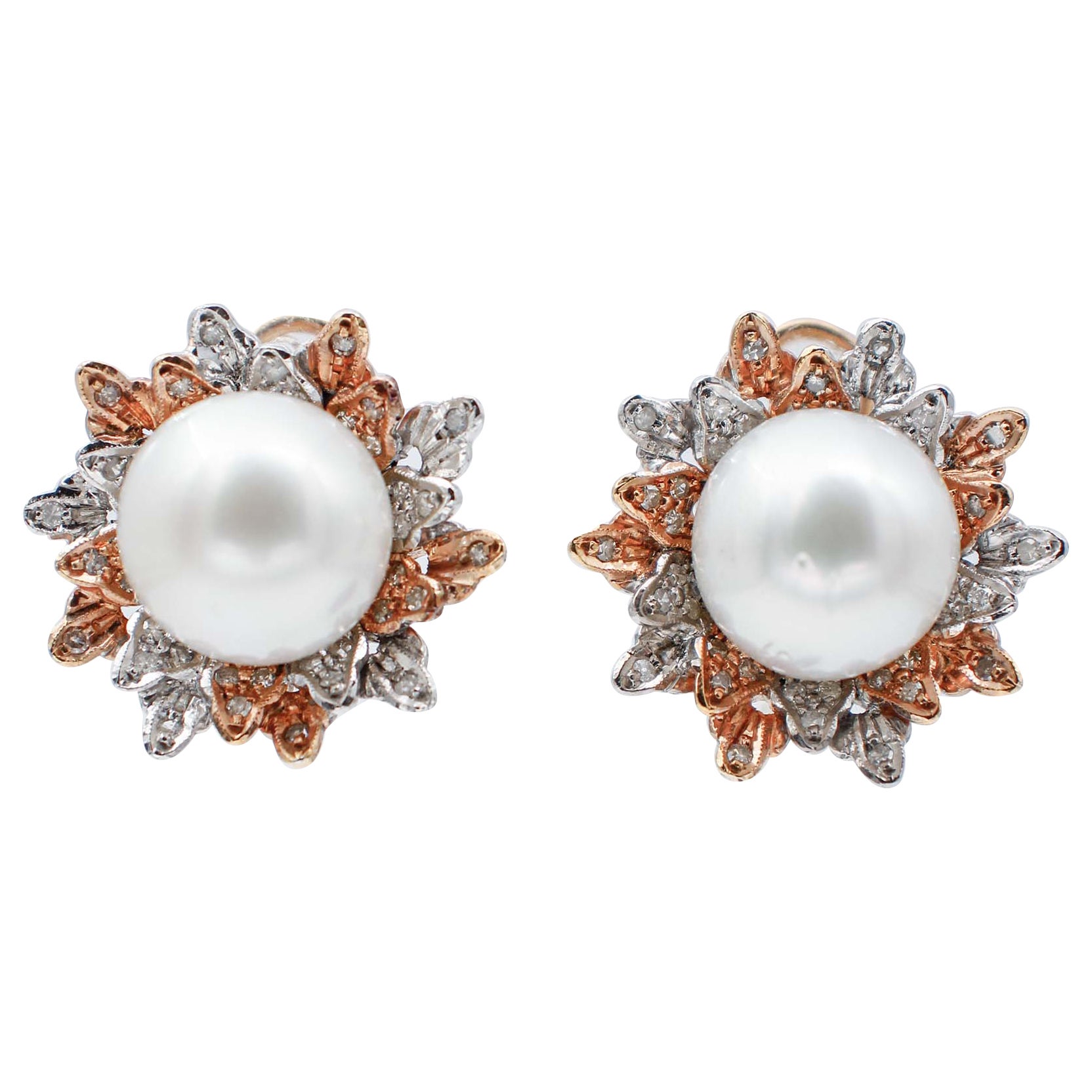 South-Sea Pearls, Diamonds, 14 Karat White and Rose Gold Stud Earrings For Sale