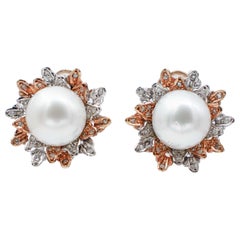 Vintage South-Sea Pearls, Diamonds, 14 Karat White and Rose Gold Stud Earrings