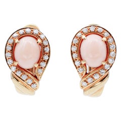 Pink Coral, Diamonds, 18 Karat Yellow Gold Stud Earrings