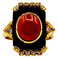 Art Deco White Diamond Mediterranean Red Coral Onyx Yellow Gold Cocktail Ring
