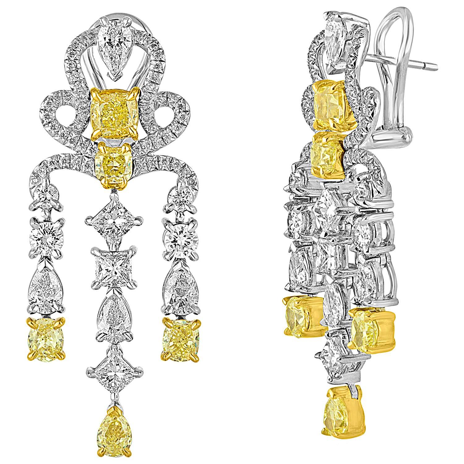 9.12 Carats Yellow and White Diamond Platinum Gold Chandelier Earrings  For Sale