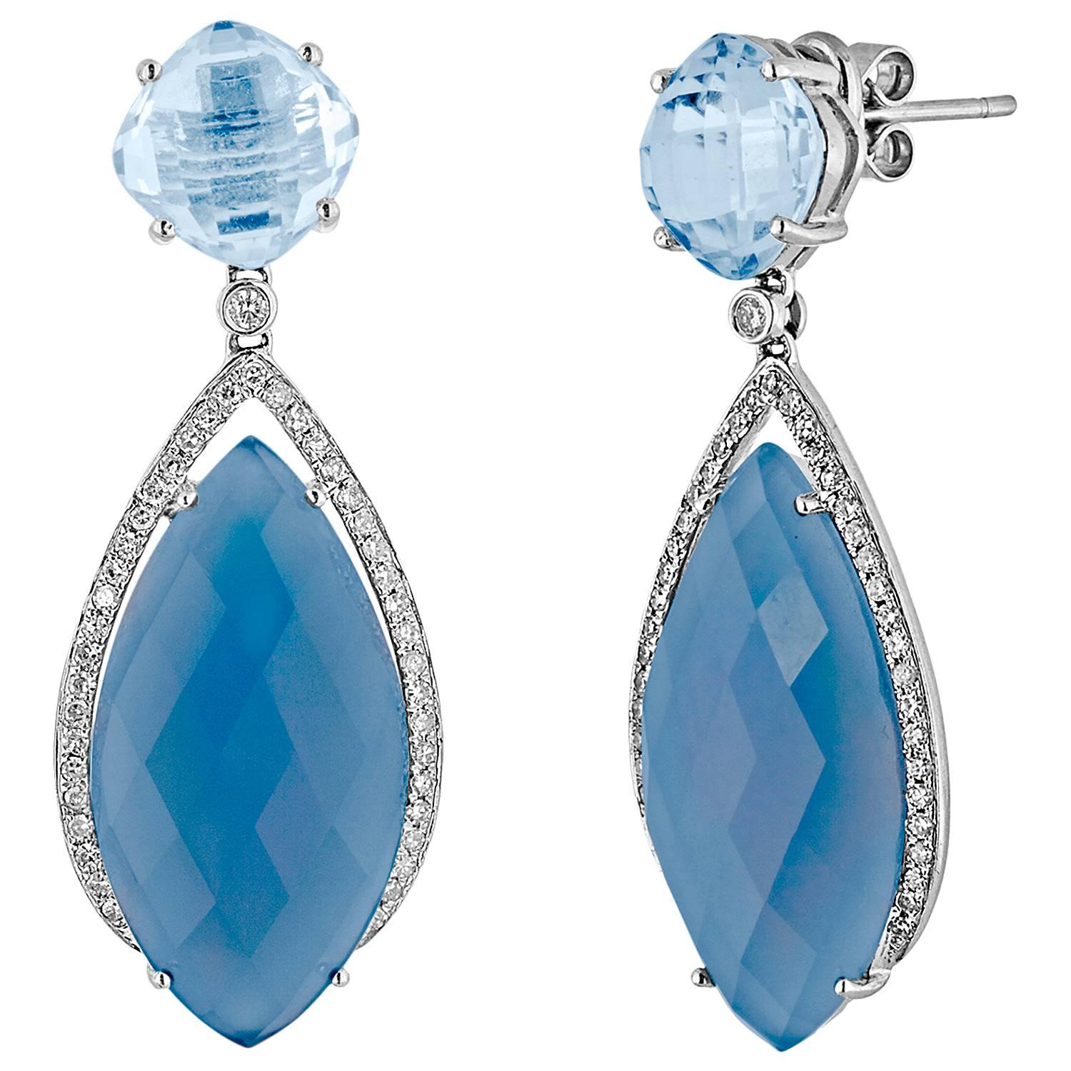 17.15 Carats Blue Agate Blue Topaz Diamond Gold Dangle Earrings For Sale