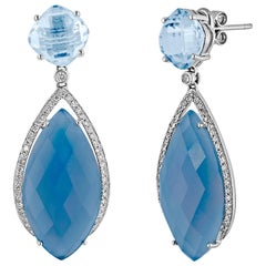 17.15 Carats Blue Agate Blue Topaz Diamond Gold Dangle Earrings