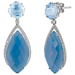 Blue Agate Blue Topaz Diamond Gold Dangle Earrings 11