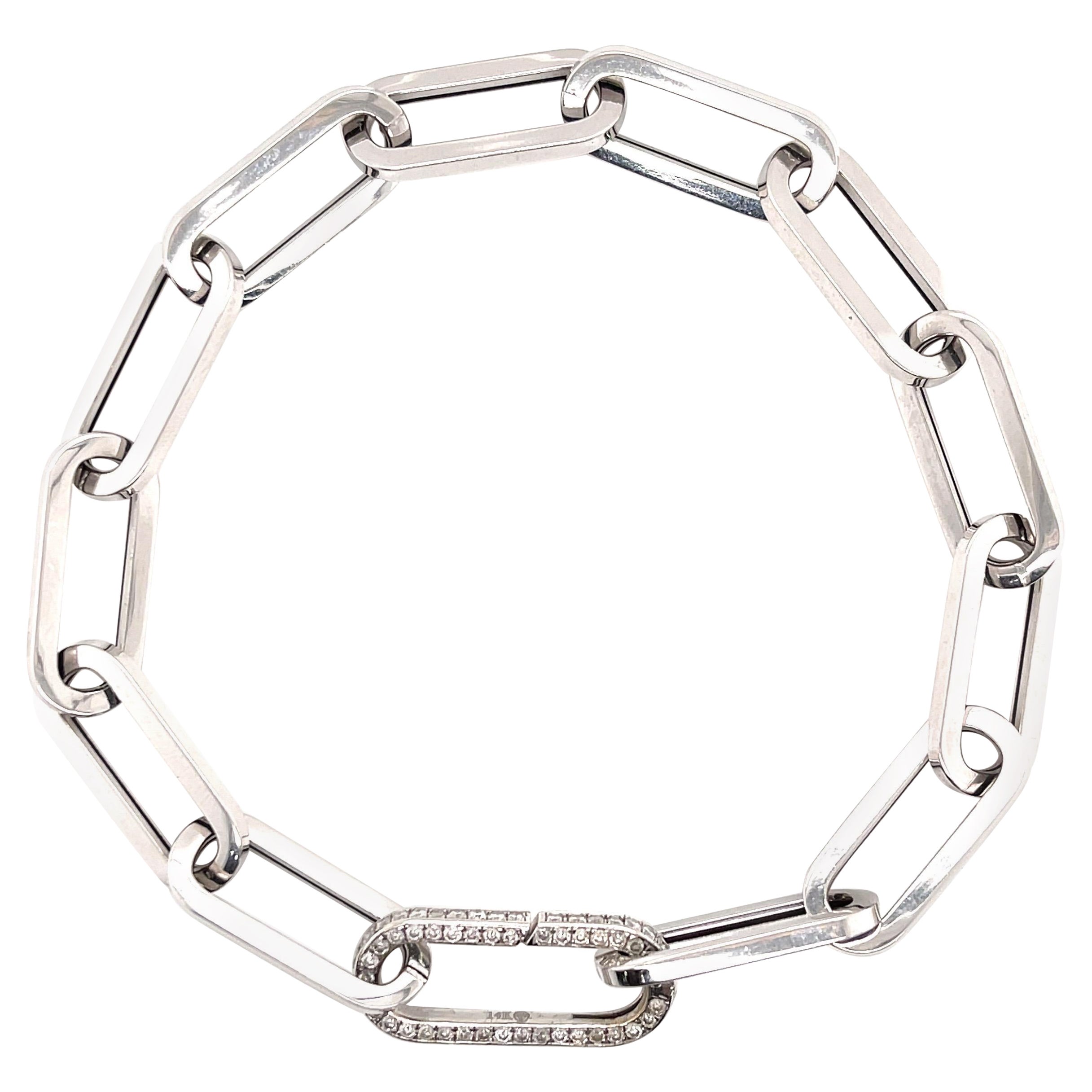 Italian Flat Paperclip Link Bracelet Diamond Clasp 14 Karat White Gold For Sale