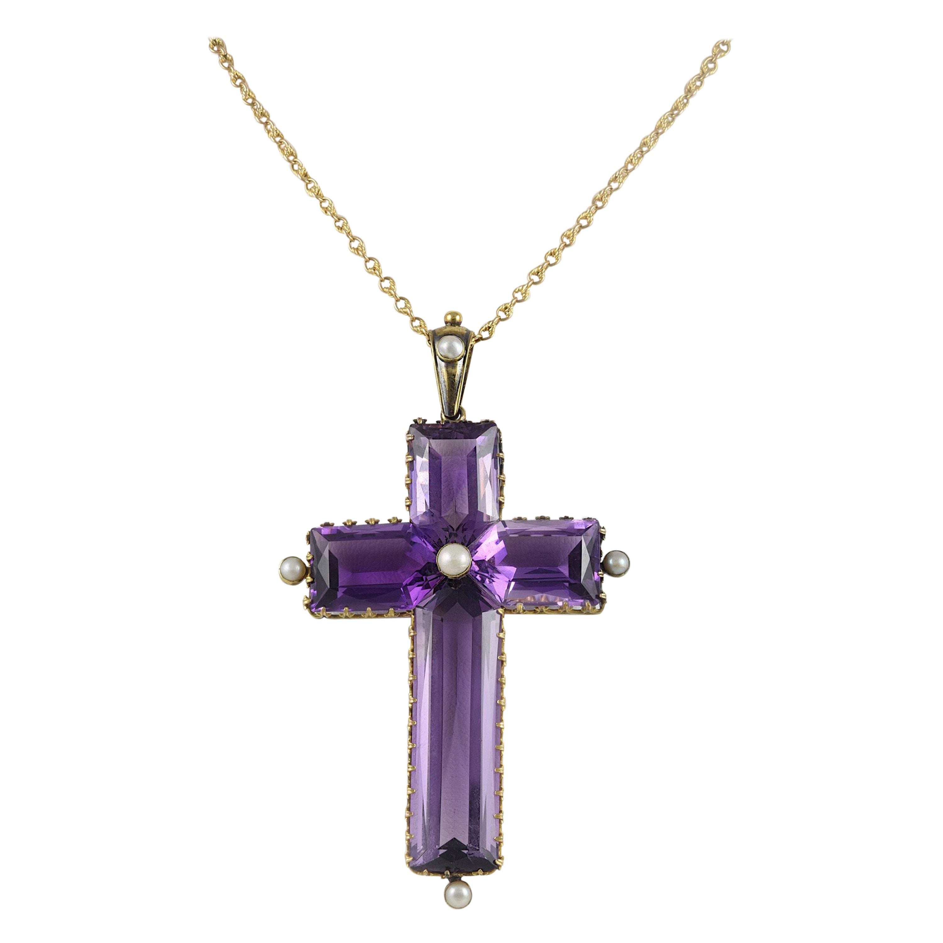 Natural Fine Purple Amethyst and Seed Pearl Cross Pendant Necklace For Sale