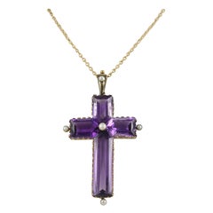 Antique Natural Fine Purple Amethyst and Seed Pearl Cross Pendant Necklace