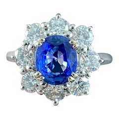 Used Boucheron Mid-Century Ceylon Sapphire Diamond Cluster Engagement Ring White Gold