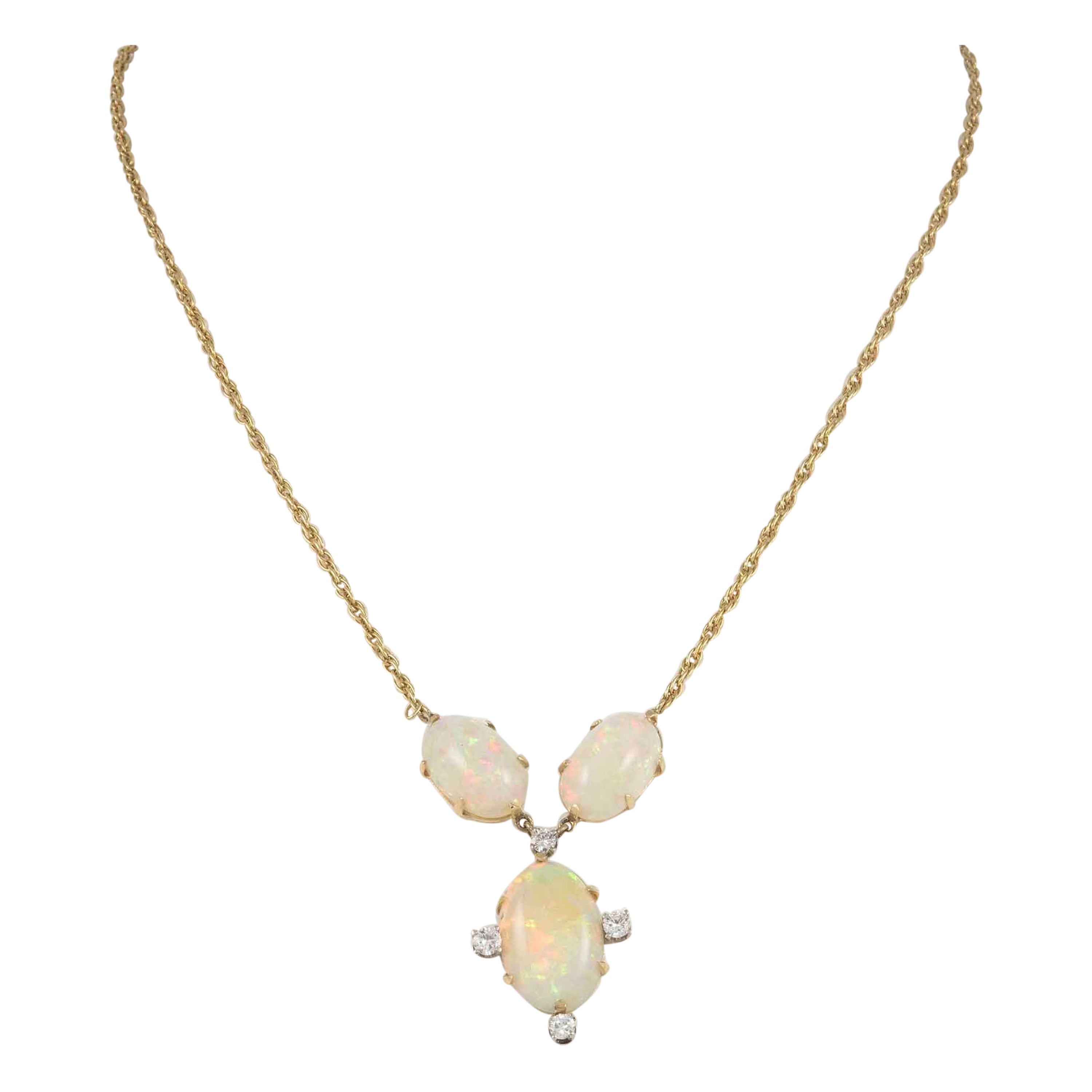 Estate Natural Fine Australian Opal and Diamond Pendant Necklace For Sale