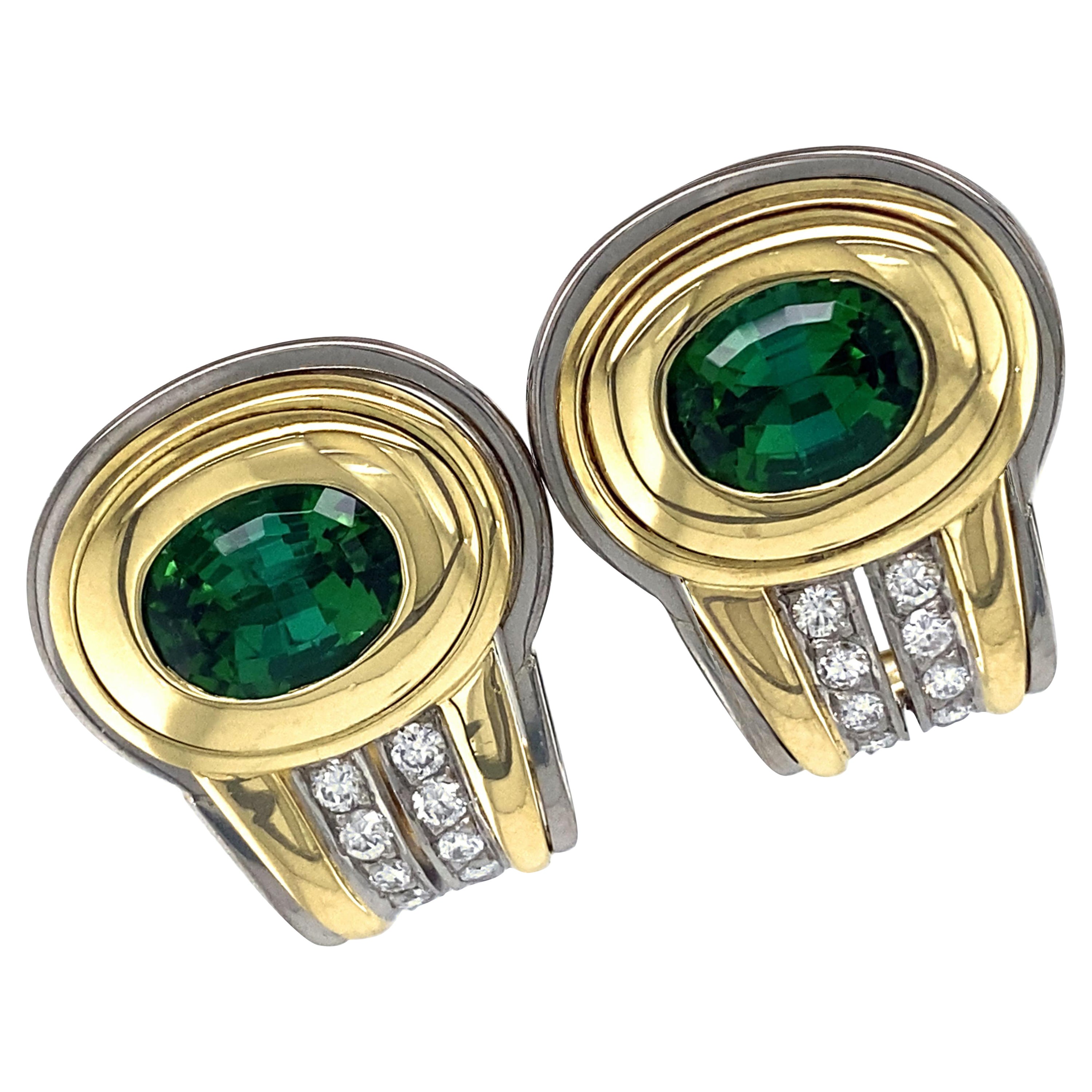Green Tourmaline Omega Clip Post Earrings with White Diamonds in 18 Karat Gold For Sale