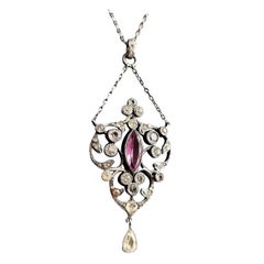 Antique Belle Epoque Paste Drop Pendant Necklace, Sterling Silver
