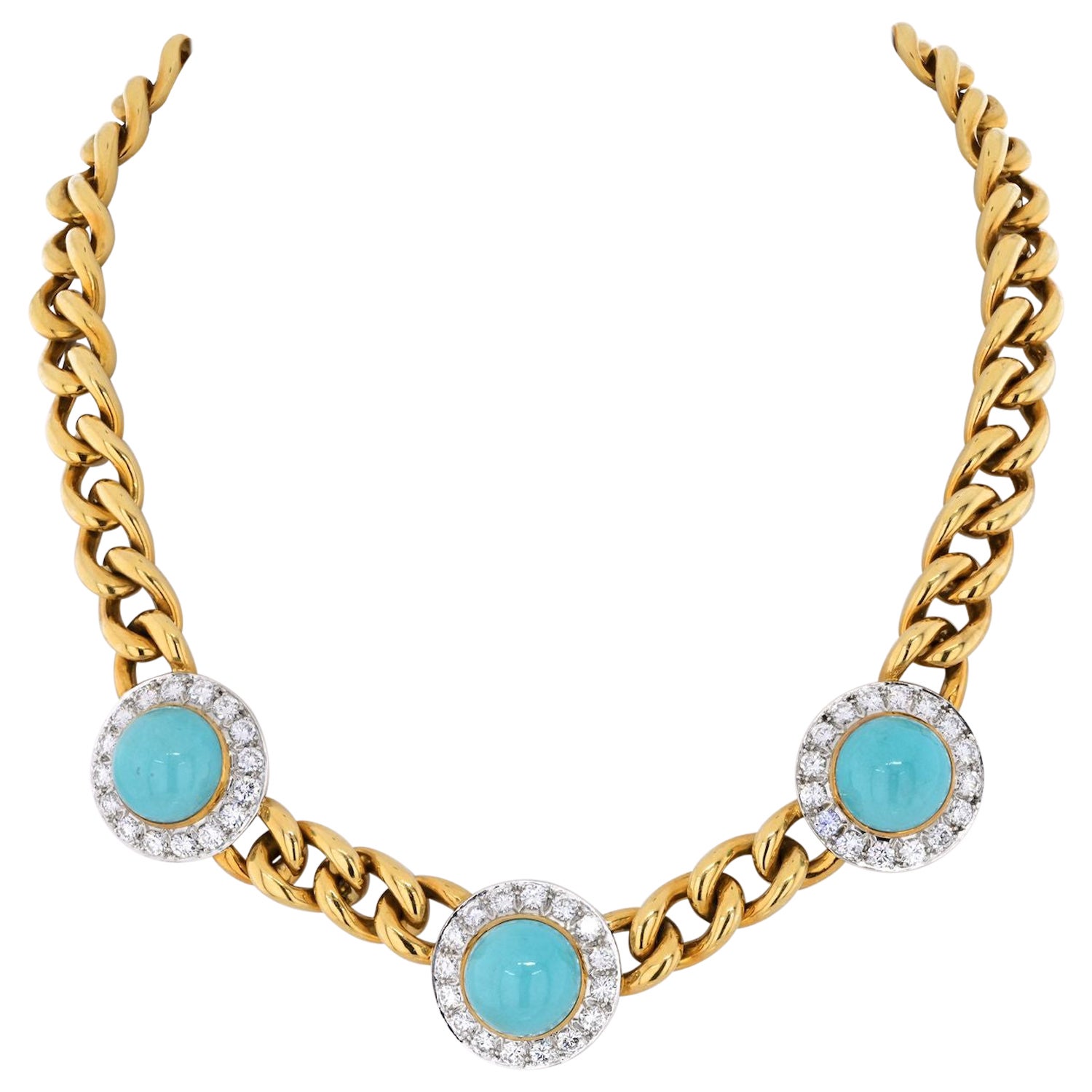 Estate 18K Yellow Gold Three Station Turquoise and Diamond Necklace