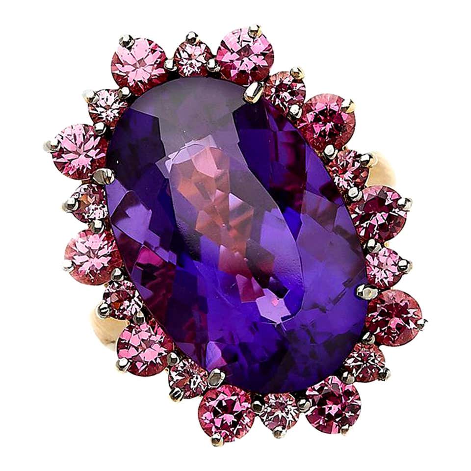 Deakin and Francis 18 Carat Yellow Gold Amethyst Ring with Ruby Border ...