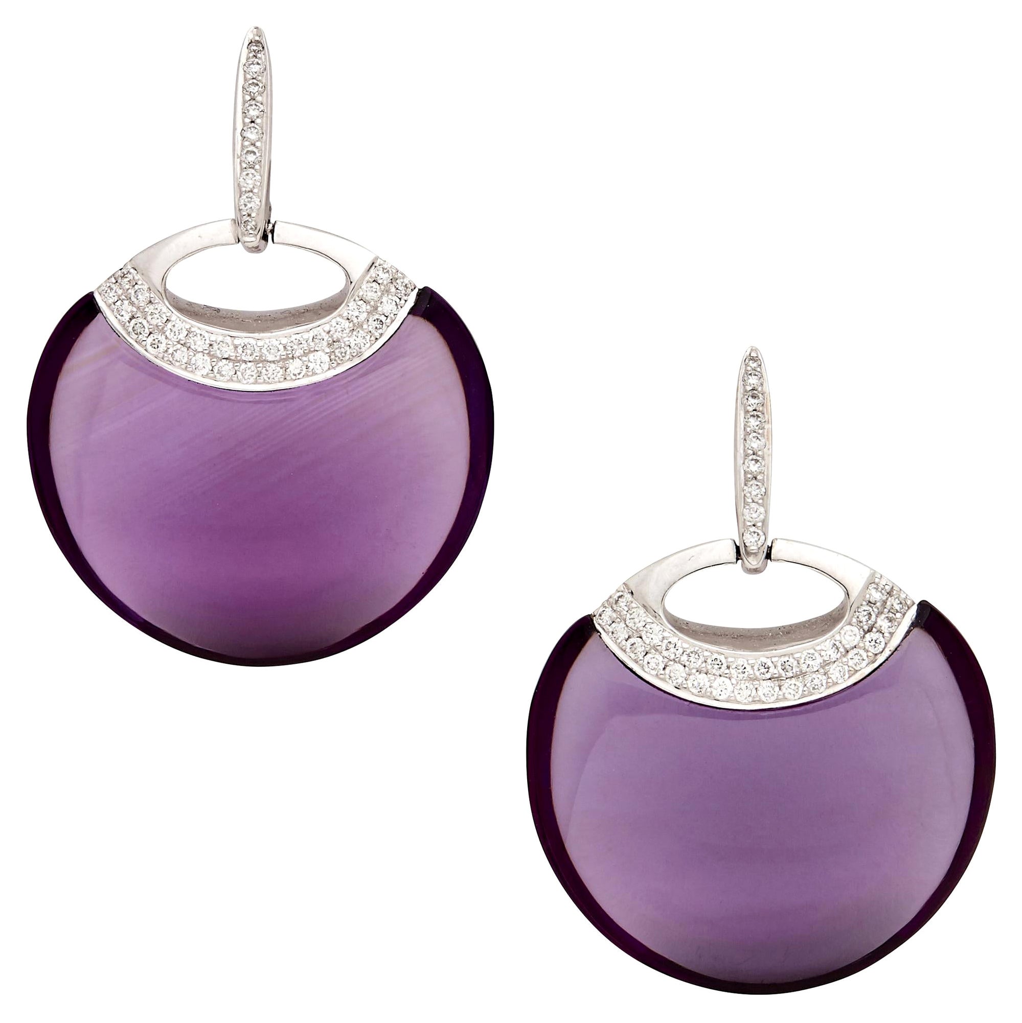 18 Karat White Gold Drop Dangle Earrings with 33.69 Carat Amethysts and Diamonds For Sale