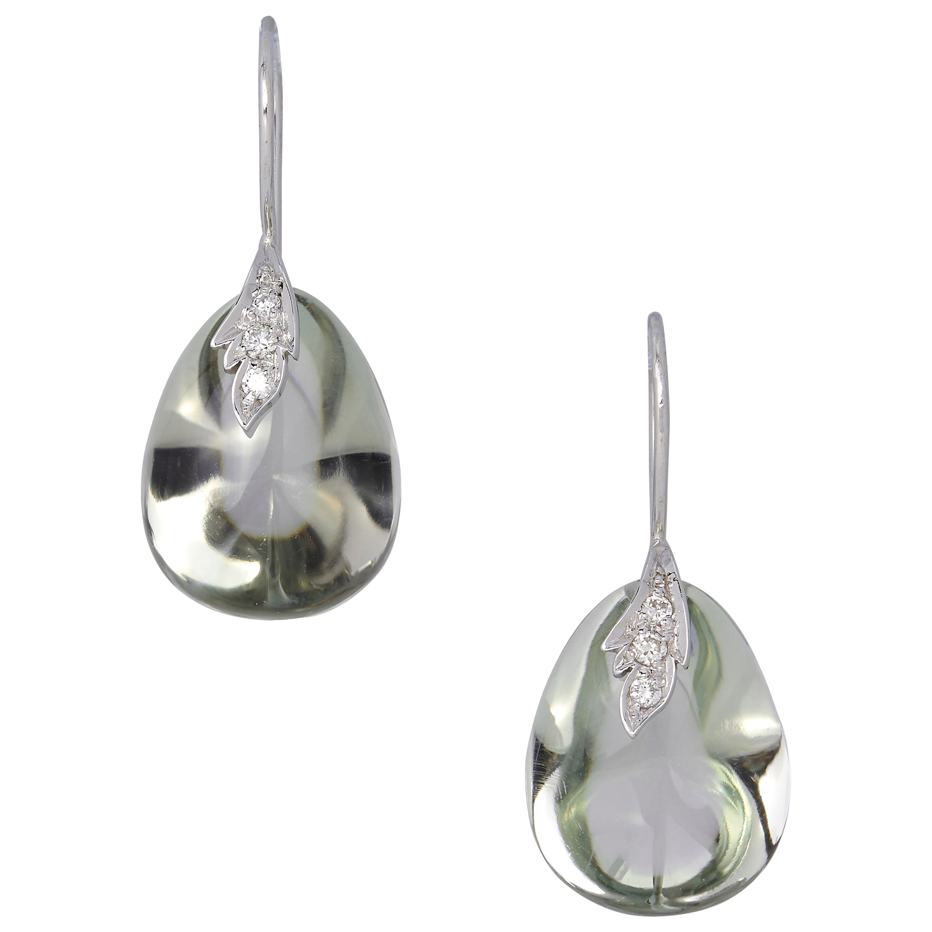 18 Karat White Gold Drop Earrings Set with 29.96 Carat Prasiolites and Diamonds For Sale