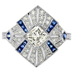 Art Deco Style 1.35 Carat Diamond Sapphire 1.55 TCW Platinum Engagement Ring