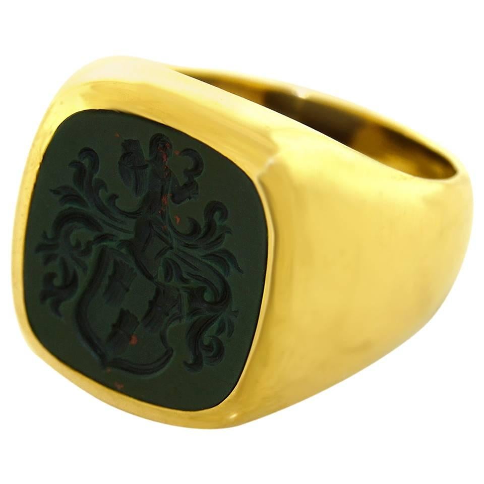 1920s Bloodstone Intaglio Gold Signet Ring