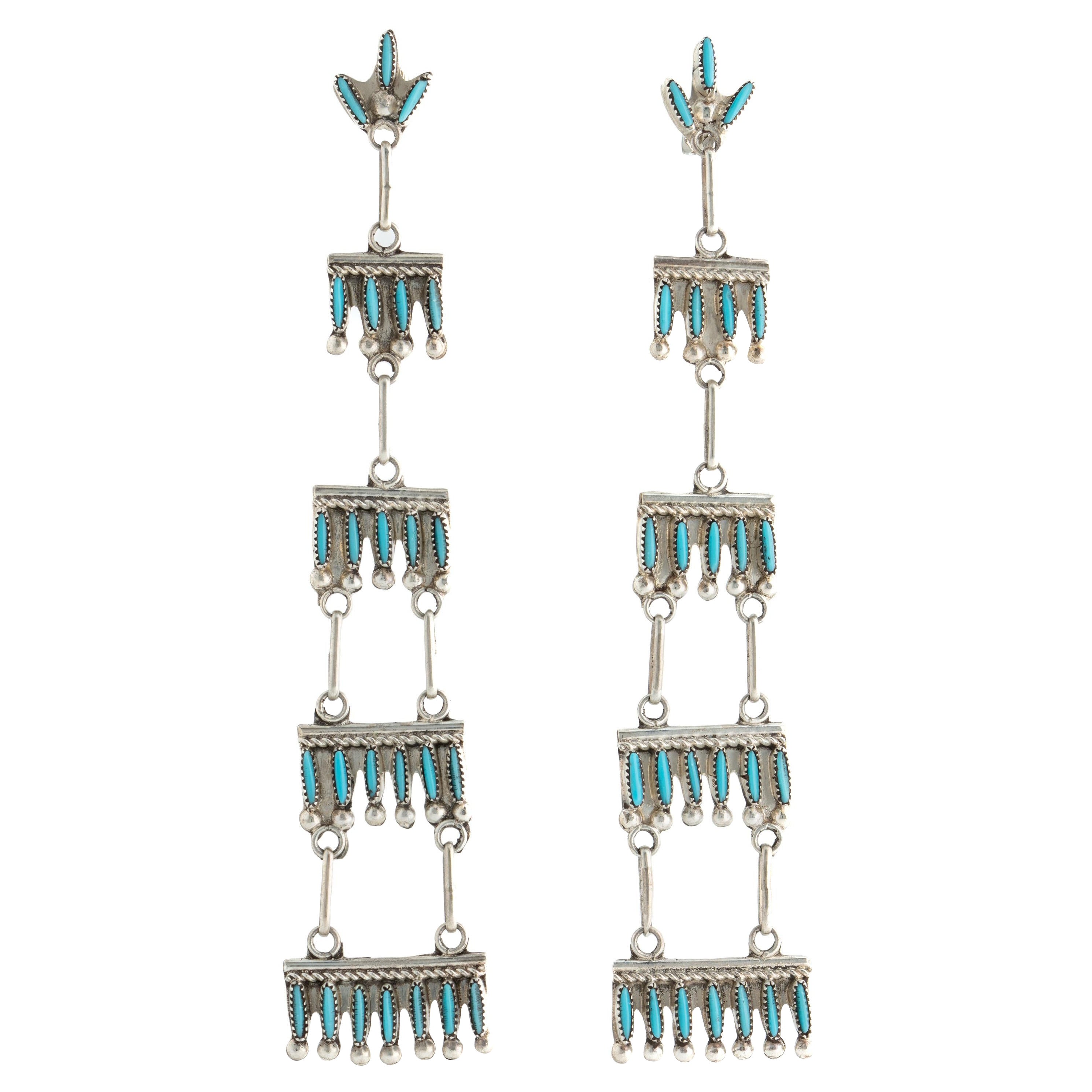 Zuni Silver and Needlepoint Turquoise Raindrops and Rope Chandelier Earrings