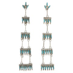Zuni Silver and Needlepoint Turquoise Raindrops and Rope Chandelier Earrings