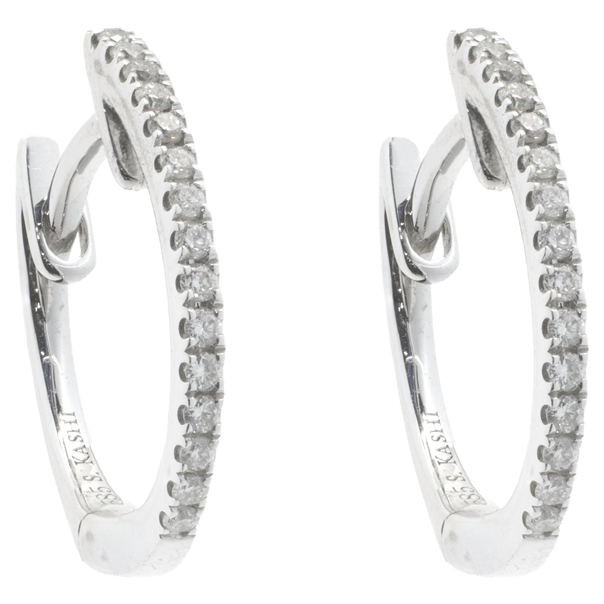 14 Karat White Gold Diamond Huggie Hoop Earrings For Sale