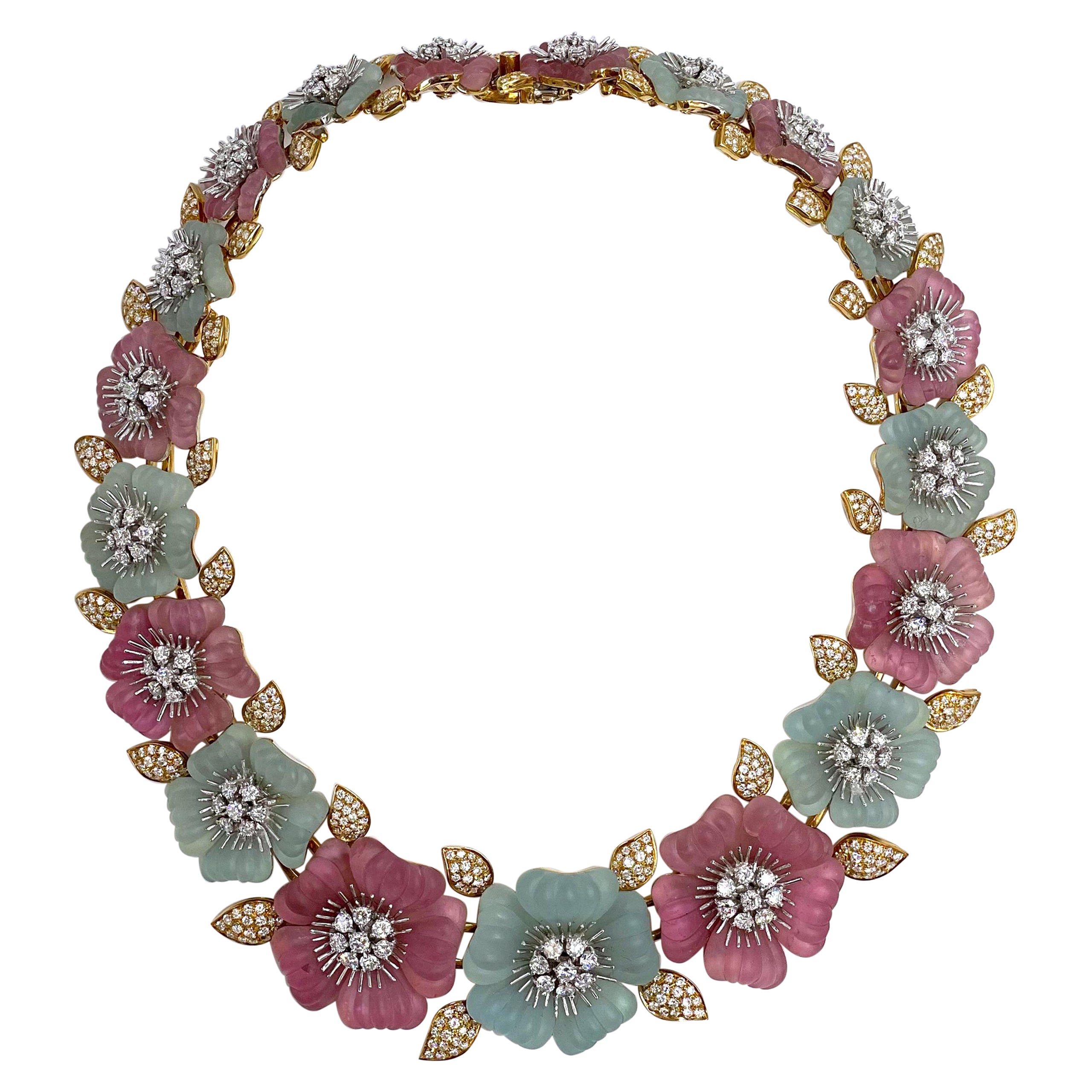 Ambrosi Aquamarine and Pink Tourmaline Flower Necklace - 18K Yellow Gold For Sale