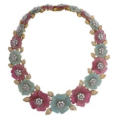Ambrosi Aquamarine and Pink Tourmaline Flower Necklace - 18K Yellow Gold