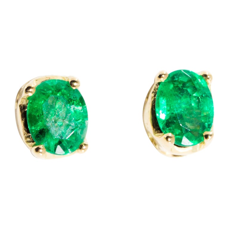Oval Bright Natural Green Emerald Vintage Stud Earrings in 18 Carat ...