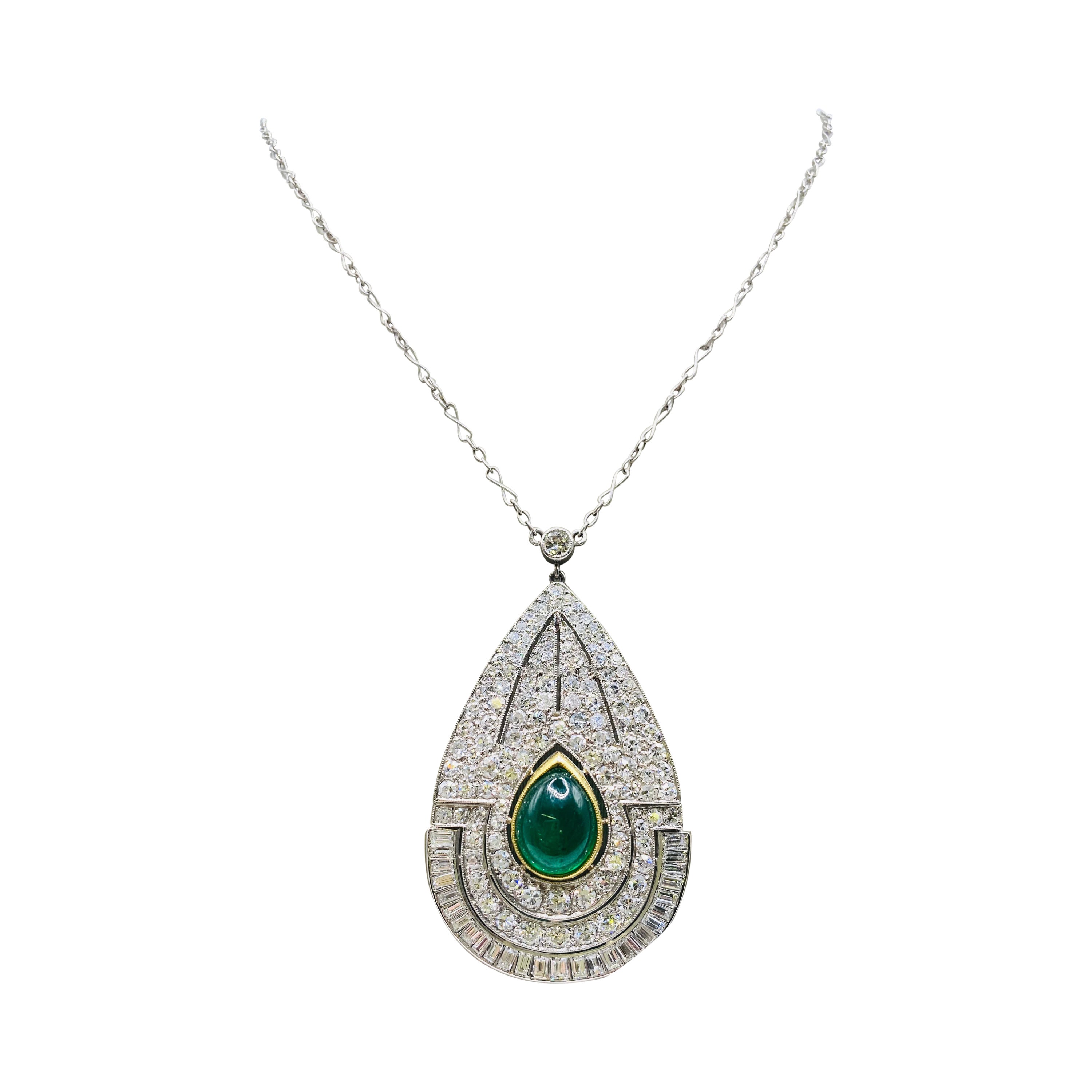 Art Deco 4.50 Carat Emerald & Diamond Platinum Pendant