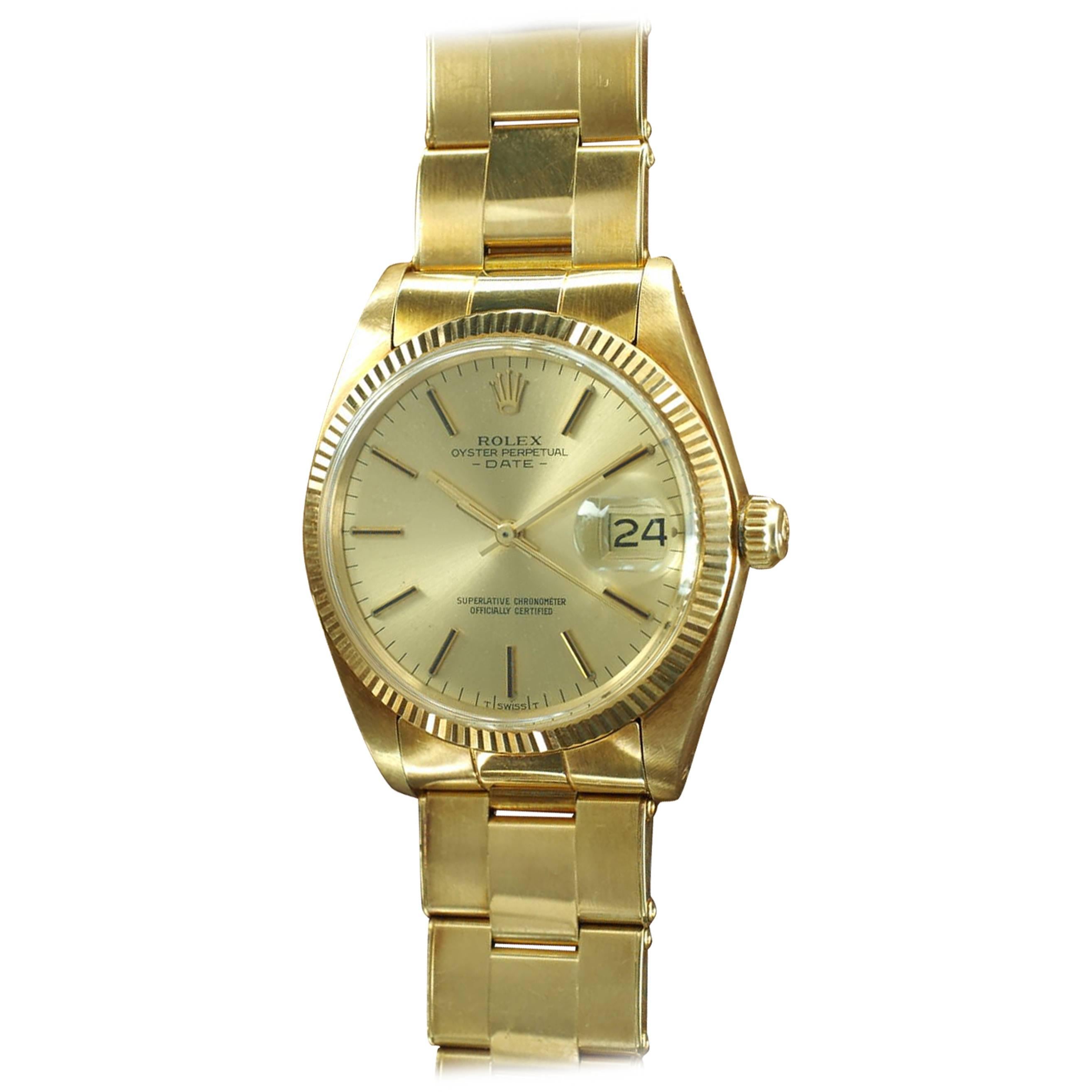 Rolex Yellow Gold Date Oyster Band Wristwatch For Sale