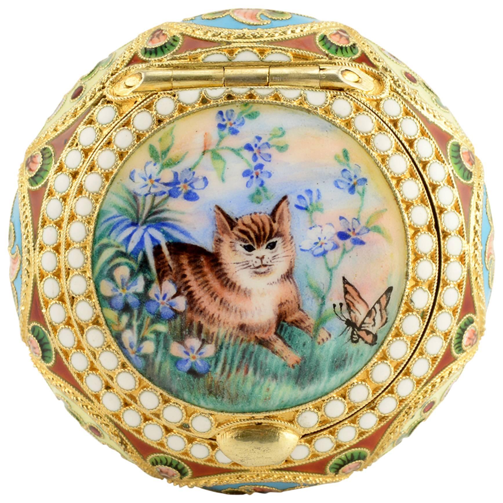 Russian Shaded and Pictorial Enamel Pill or Pastille Box with a Cat