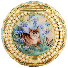 Russian Shaded and Pictorial Enamel Pill or Pastille Box with a Cat